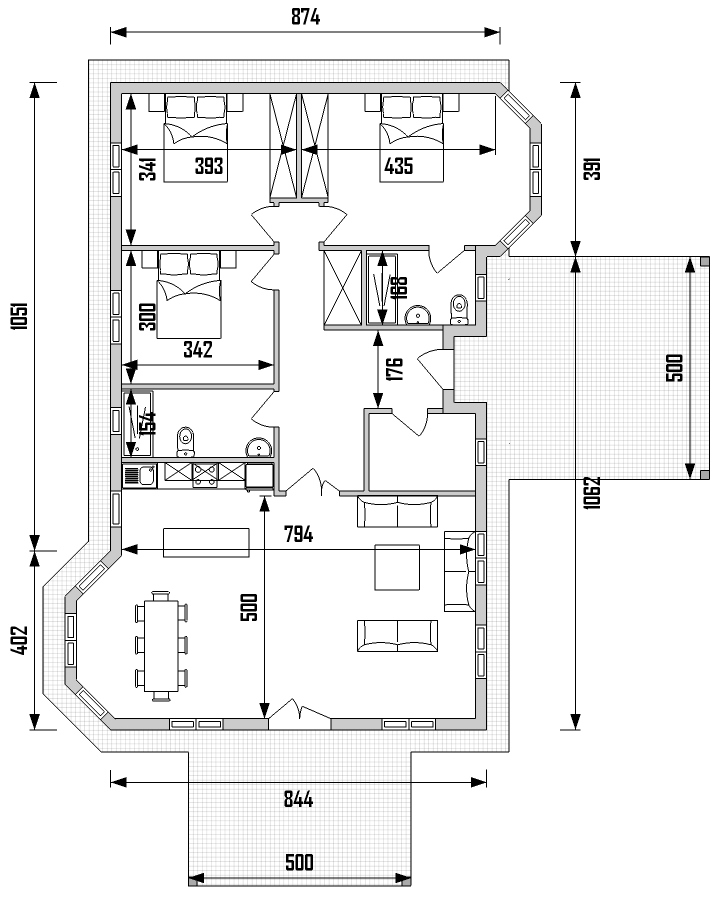 casa de madera 3 habitaciones plano